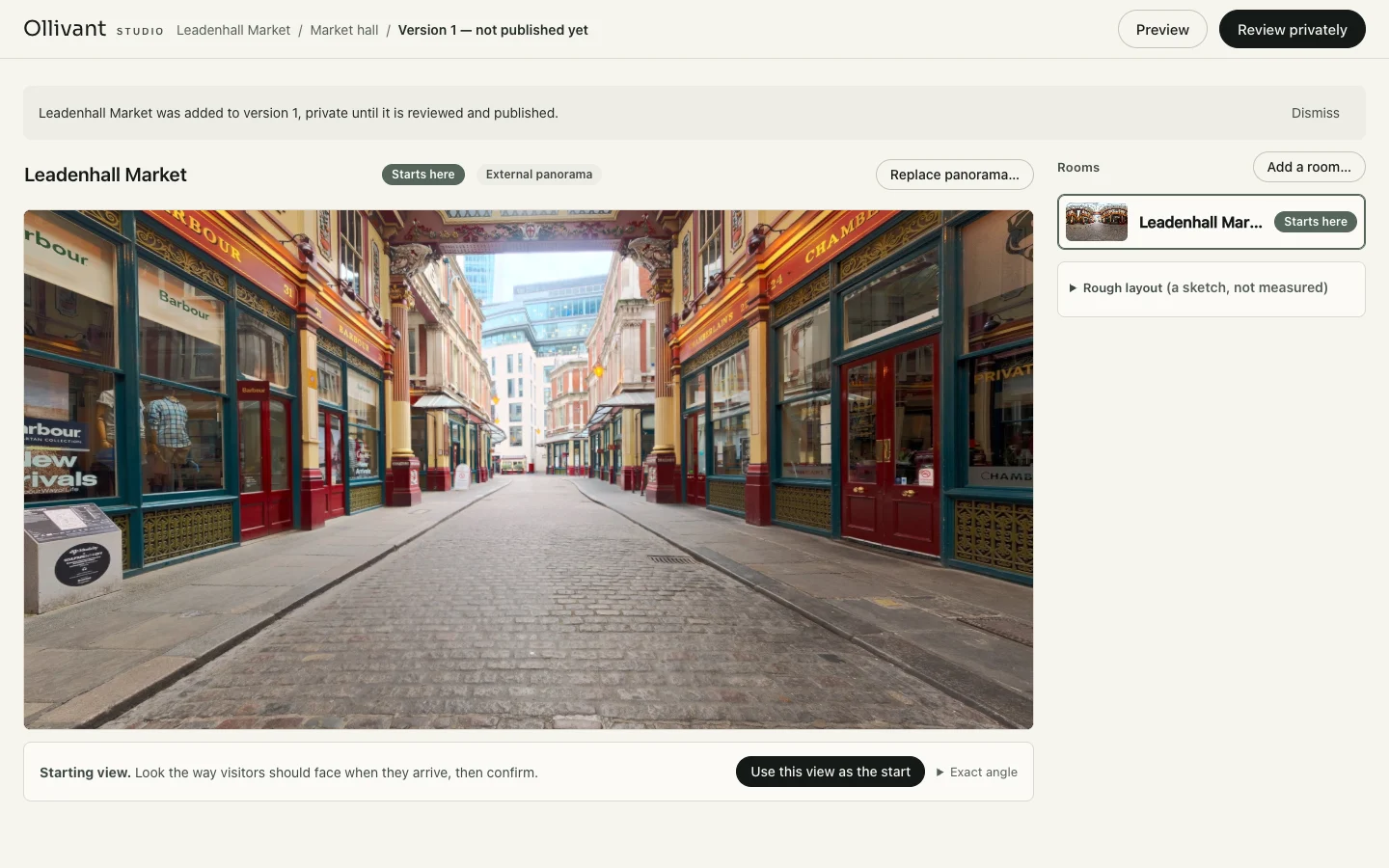 Ollivant Studio editor: a preview of the market arcade, the list of spaces, and the control for setting the starting view.