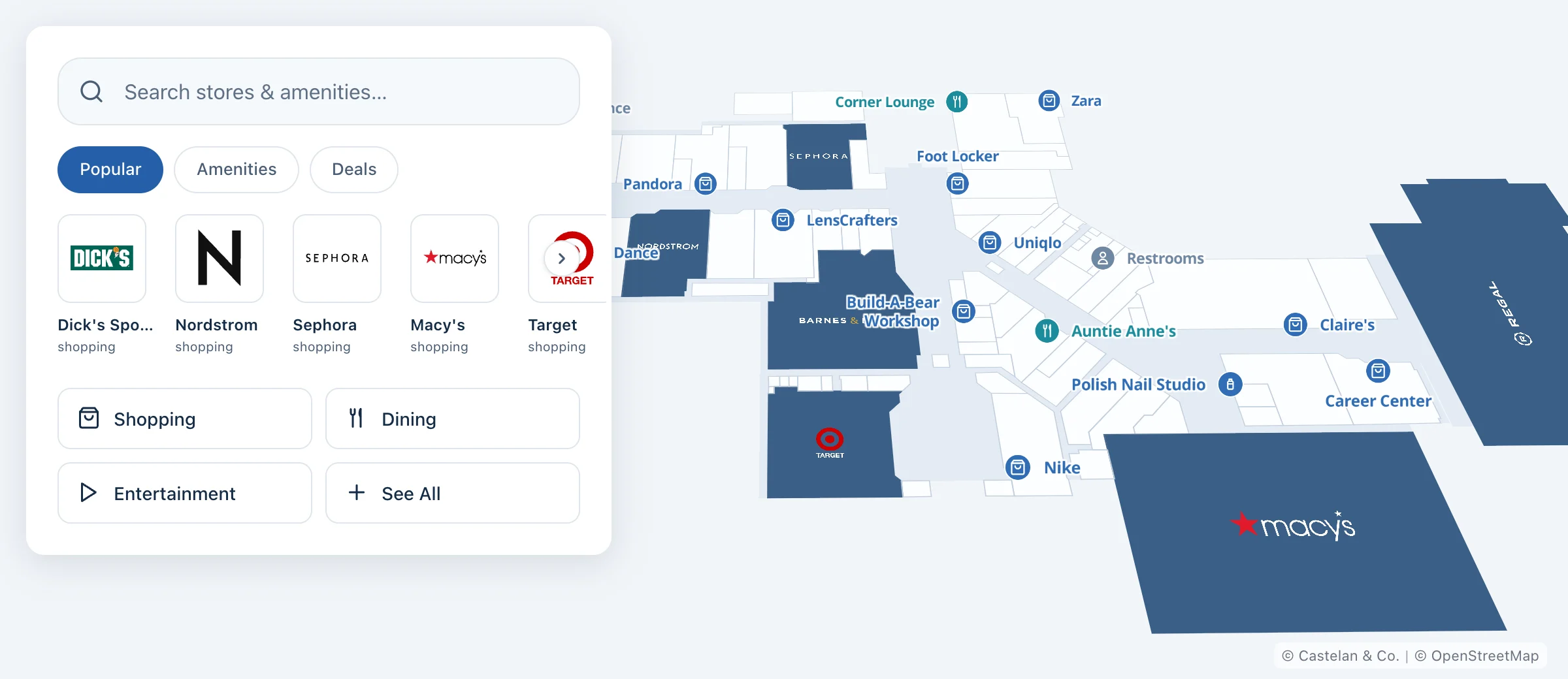 Directory view: a search box, popular stores, and categories for shopping, dining, and entertainment over a close view of the whole center, with Target, Macy’s, Regal, and labeled stores and restaurants along the corridors.