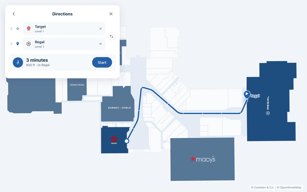 Interactive mall map showing a walking route from Target to Regal, with a directions panel reading three minutes, 800 feet.