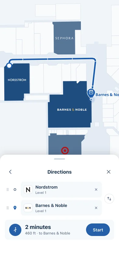 The same directions feature on a phone, with the route drawn on the map and the directions panel below.